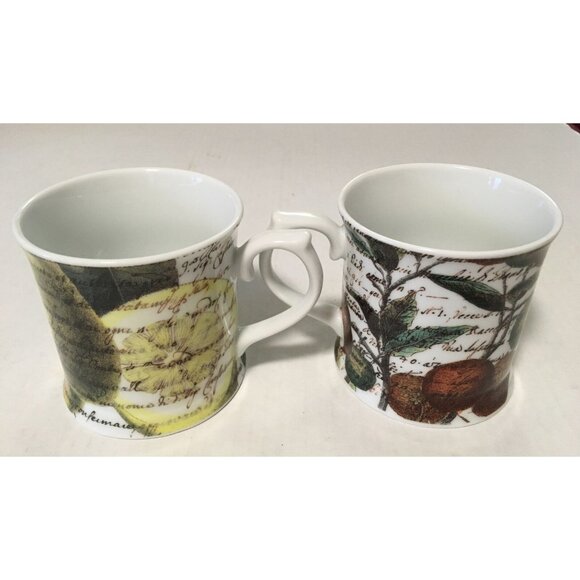 Set Of 2 Rosanna Coffee Mug Porcelain Floral Calligraphy White Multicolor 12 Oz - Picture 2 of 4
